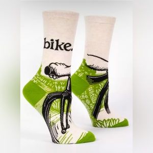Blue Q Women’s bike path crew socks. Green, black, white.